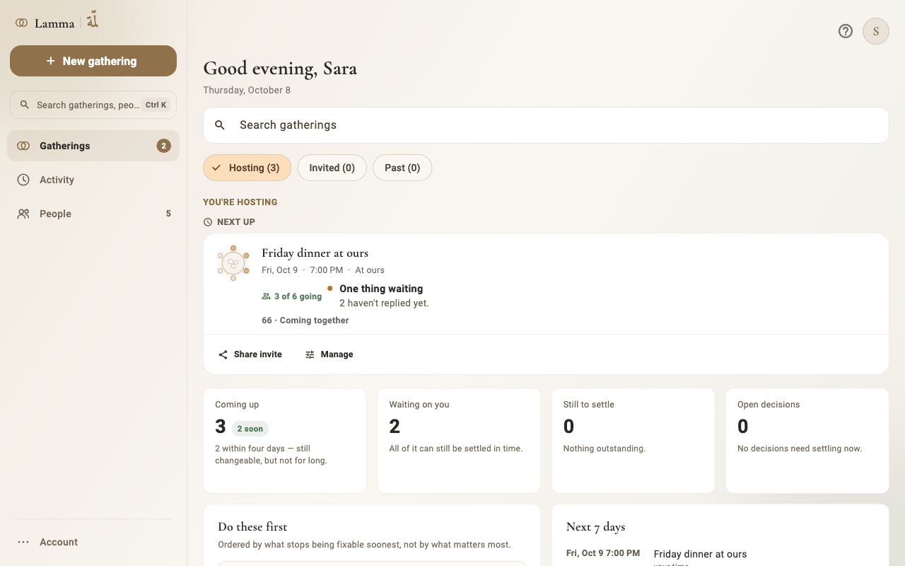 Lamma on a laptop: your gatherings, what comes next, and what still needs you.